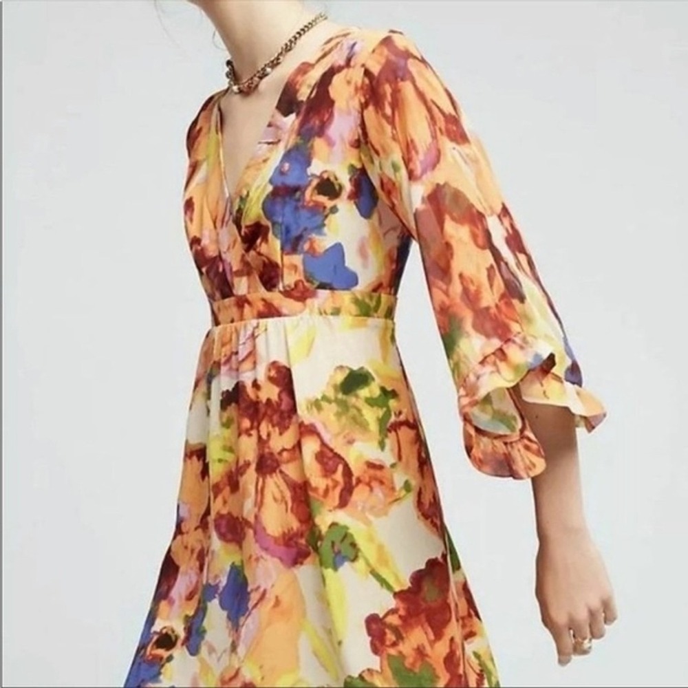 Maeve Anthropologie 100% Silk‎ Kimono Floral Light Mini Dress 6 V-Neck Coral